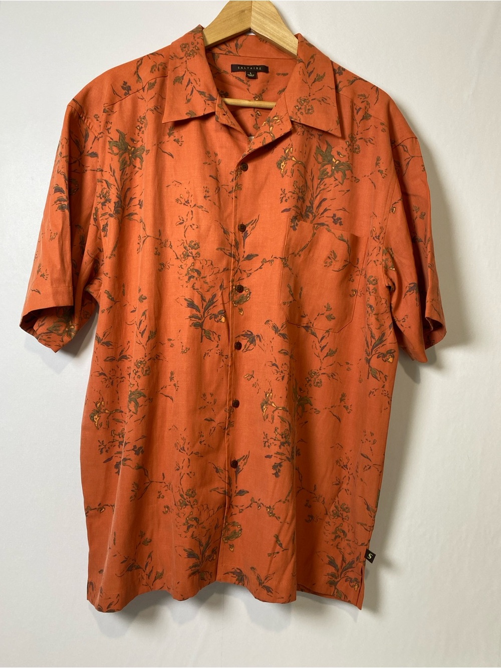Saltaire Silk Blend‎ Floral Camp Shirt Orange Resort Button Up Large Men's